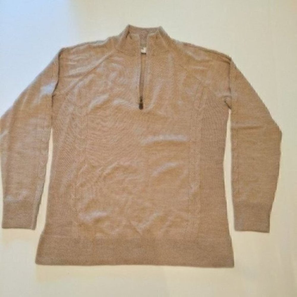 Orvis Men Sweater Medium 100% Merino Wool 1/4 Zip Tan Pullover Cable Knit Soft